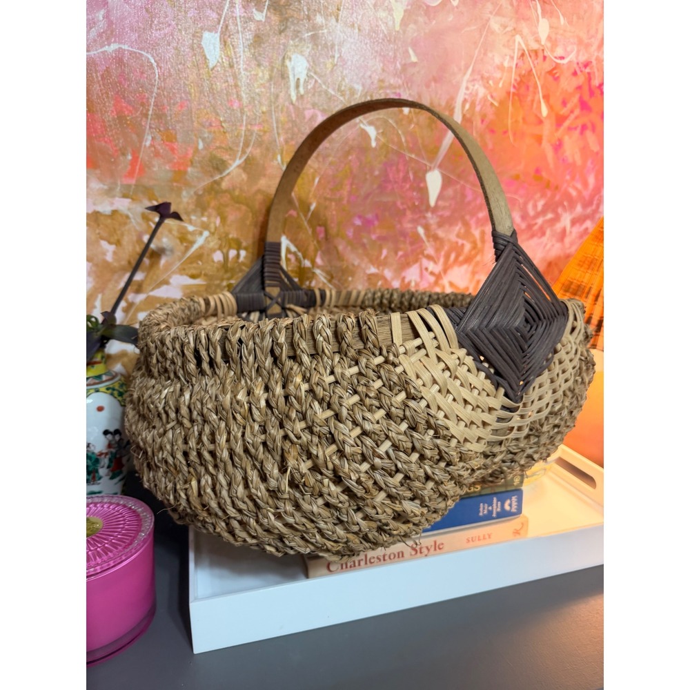 Handmade  Woven Seagrass Basket Women OS Tan Brown Boho Diamond Weave Handle - Picture 3 of 4